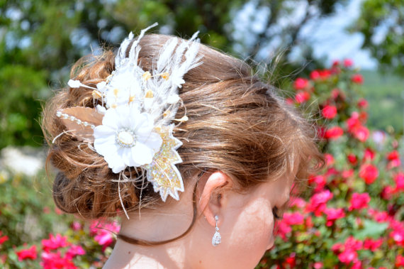 زفاف - Champagne and Ivory Silk and Feather Flower Hairpin Bridal Wedding Hair Clip Fascinator