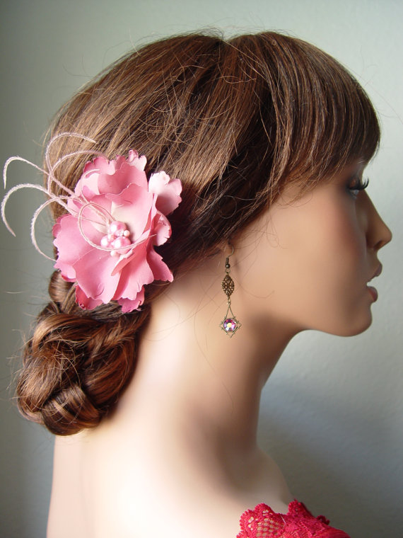 Hochzeit - Dusty Pink Mauve Peony Flower Peacock Feather Bridal Wedding Hair Pin Clip
