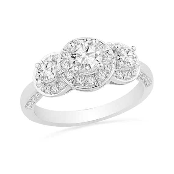 Wedding - 1 1/4 CT. T.W. Unique Diamond Engagement Ring in White Gold or Sterling Silver, Three Stone Diamond Ring, Halo Engagement Ring