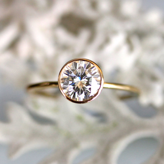 Wedding - 6.5mm Forever Brilliant Moissanite 14K Gold Engagement Ring, Stacking Ring - Made To Order