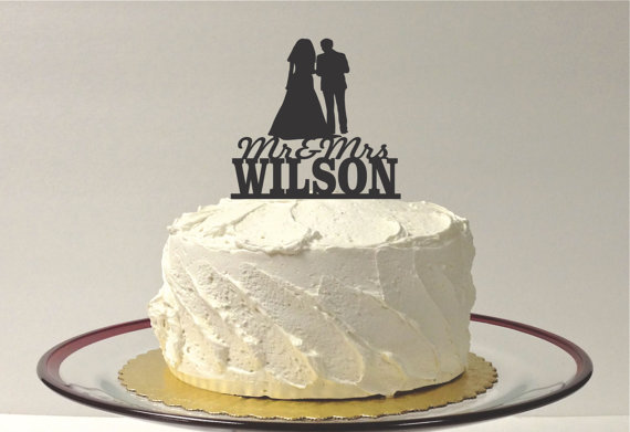 Wedding - Silhouette Wedding Cake Topper with Personalized Family Name Mr and Mrs Topper with Surname Wedding Topper