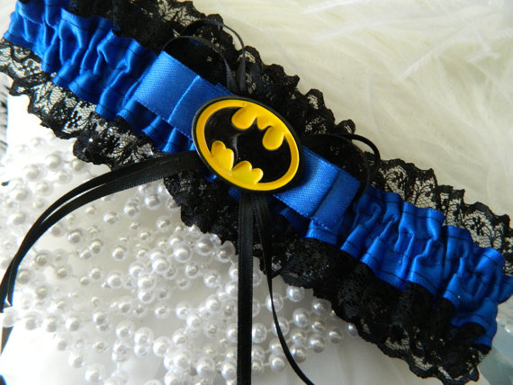 Hochzeit - Hen's night Garter -Wedding day garter alternative - Batman Themed Royal Blue and Black  lace garter
