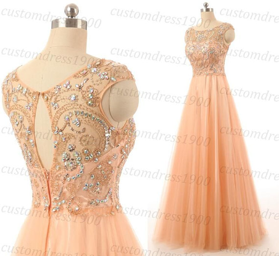 Hochzeit - Handmade Coral Girls Long Prom Dress/Wedding Party Dress Sexy Coral Cap Sleeve Beading Tulle Bridesmaid Dress