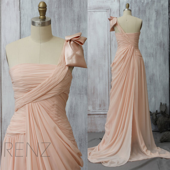 زفاف - 2015 Coral Pink One shoulder Bridesmaid dress, Peach Wedding dress, Party dress, Formal dress, Prom dress, Rosette dress Floor Length (F077)