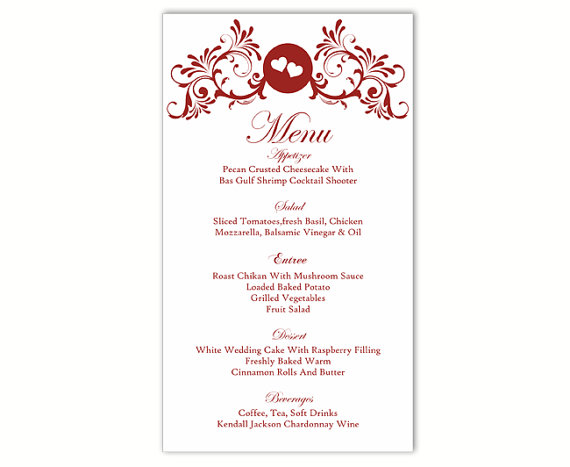 Mariage - Wedding Menu Template DIY Menu Card Template Editable Text Word File Instant Download Wine Red Menu Heart Menu Card Printable Menu 4x7inch