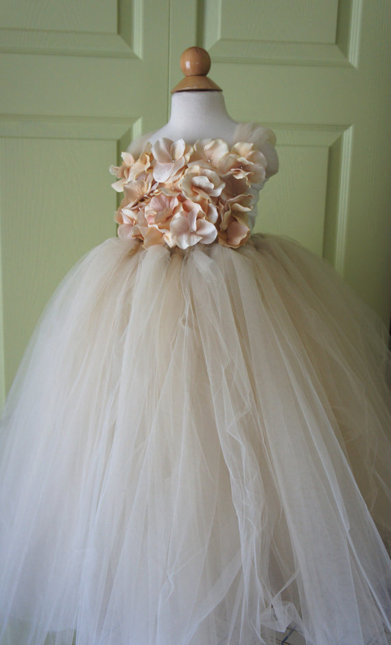 Wedding - Flower girl dress Champagne Dress Champagne tutu dress, flower top, hydrangea top, toddler tutu dress