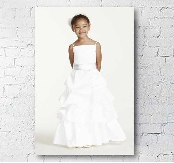 Wedding - Satin Flower Girl Dress, Spaghetti Strap with Pick-up Skirt, White, Size 10