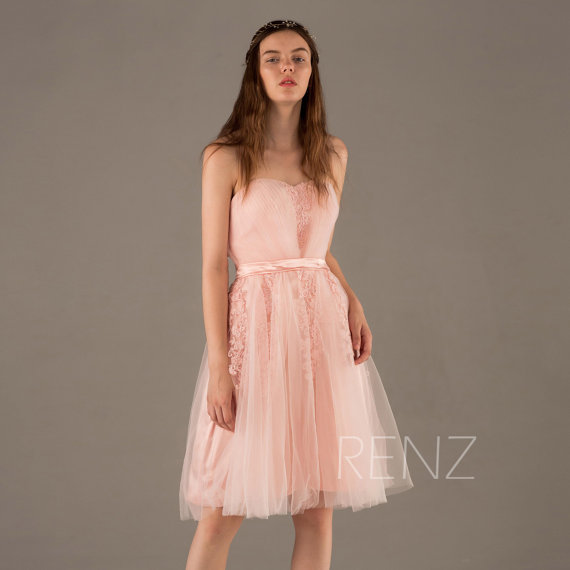 Свадьба - 2015 Peach Bridesmaid dress, Peach tulle Strapless Wedding dress, A line Puffy Party dress, Short Backless Formal dress, Prom Dress (FS218)