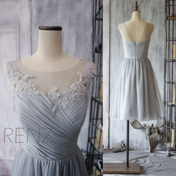 Свадьба - 2015 Short Grey Bridesmaid Dress, Chiffon Cocktail Dress, A line Gray Prom Dress, Lace Neck Formal dress tea length (F149)-Renz