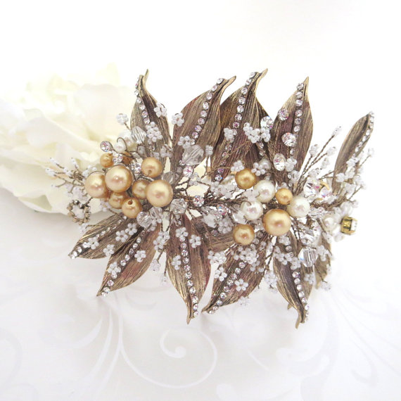 Hochzeit - Antique Brass Bridal headpiece, Gold Wedding headpiece, Leaf headband, Bridal headband, Rhinestone headband, Antique Gold headband