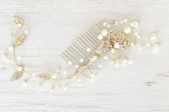 زفاف - Huge gold pearls vine hair piece, Wedding Pearl Hair Piece, Gold Vine hair piece, Bridal Hair Comb, Large Pearl Comb, Bridal Hair Accessory