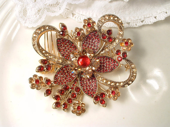 Mariage - Red Brooch or Hair Comb, Large Garnet Ruby & Amber Rhinestone Gold Bridal Sash Pin / Hair Accessory Chinese, India Wedding Flower Hairpiece