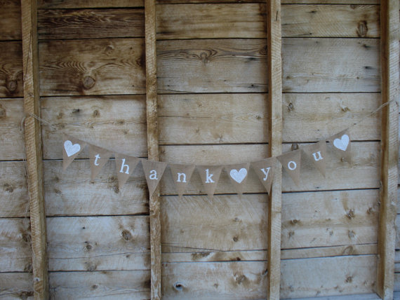 Wedding - Thank You, white, lowercase lettering, Burlap Banner with Heart