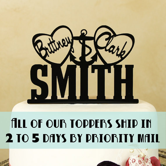 Wedding - Wedding cake topper Nautical theme personalized with first names in hearts with anchor by Distinctly Inspired (style DH-2)