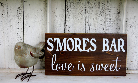 Hochzeit - S'MORES BAR love is sweet 5 1/2 x 11 Self Standing Rustic Wedding Signs