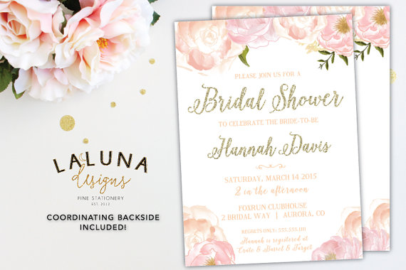 Свадьба - Bridal Shower Invitation, Bridal Shower Invites, Pink Floral Shower Invite, Glitter Invitation, Pink & Gold Invitation, DIY Printable