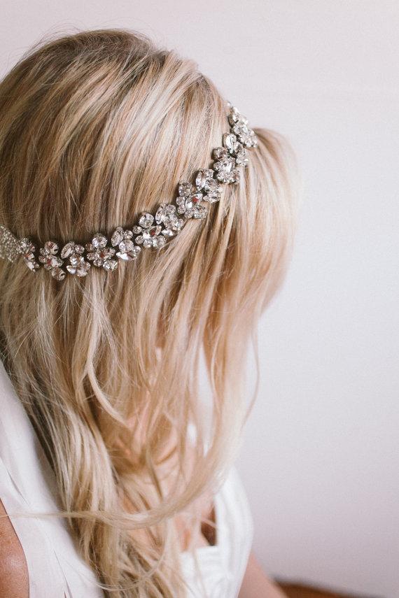 Hochzeit - Amazing Crystal Bridal Halo, Silk Ribbon Bridal Headpiece, Rhinestone Head Piece