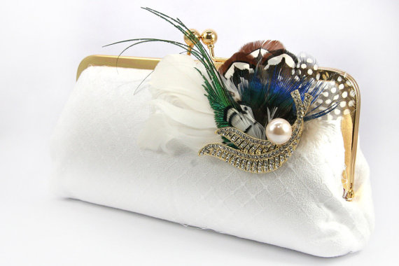 Wedding - Bridal Clutch Bag in white with peacock feather brooch - 8-inch PEACOCK PASSION
