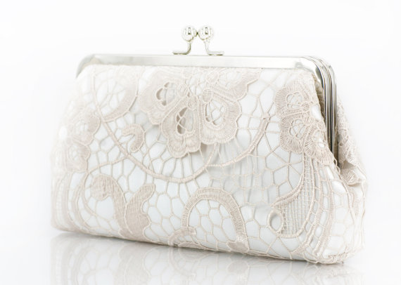 Wedding - Bridal Satin Lace Clutch in Champagne & Ivory L'HERITAGE 8-inch
