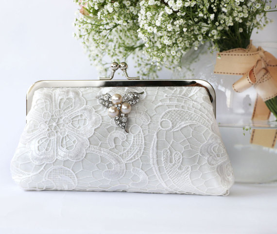 Wedding - Ivory Lace Bridal Clutch with Pearl Brooch 8-inch L'HERITAGE