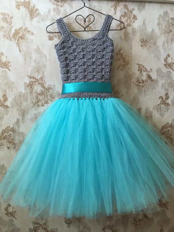 زفاف - Gray and Aqua flower girl tutu dress, birthday tutu dress, crochet tutu dress, corset tutu dress