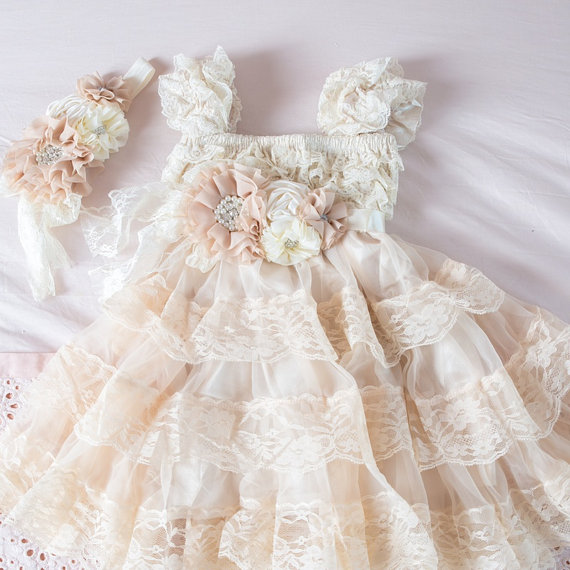 Mariage - Champagne Lace Flower Girl Dress -Ivory Lace Baby Doll Dress-Rustic Flower Girl Dress-Vintage Flower Girl-Shabby Chic Flower Girl Dress