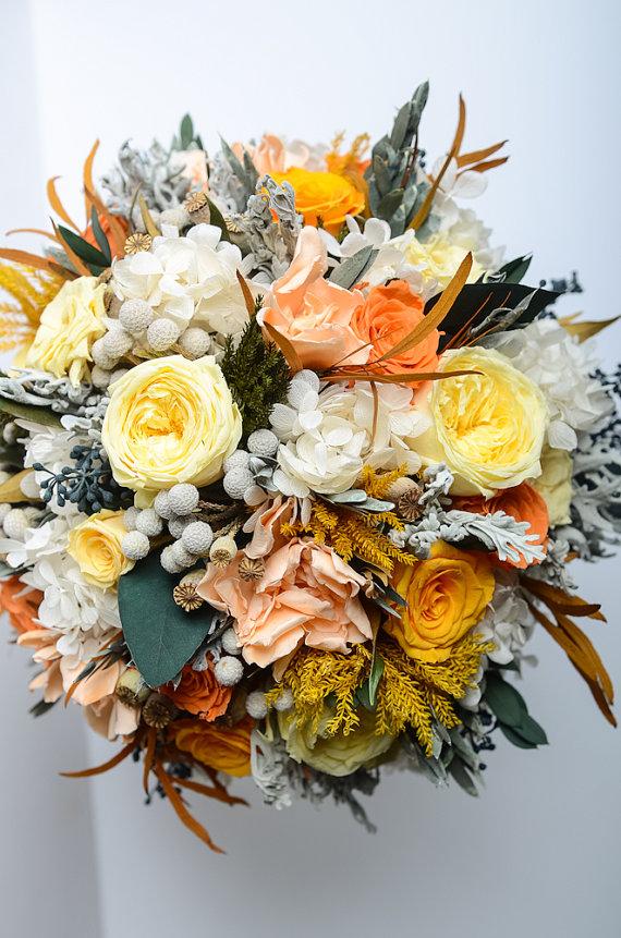 زفاف - Preserved bridal Bouquet, Yellow, Peach, Orange, White Preserved Bridal Bouquet,  Keepsake Bouquet