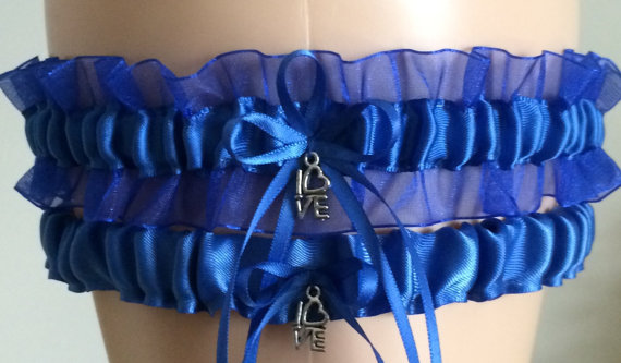 زفاف - Royal Blue Organza Wedding Garter Set, Bridal Garter Set, Keepsake Garter,
