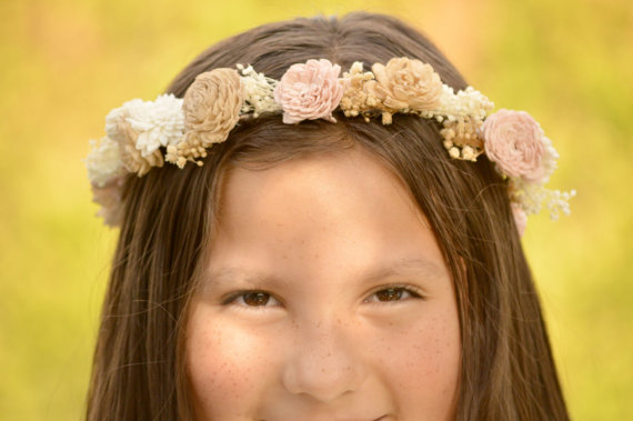 زفاف - Headband Crown in Ivory Blush Pink Tan Wedding Bride Bridesmaid Flower Girl Hair Accessory  made of Sola and dried Flowers