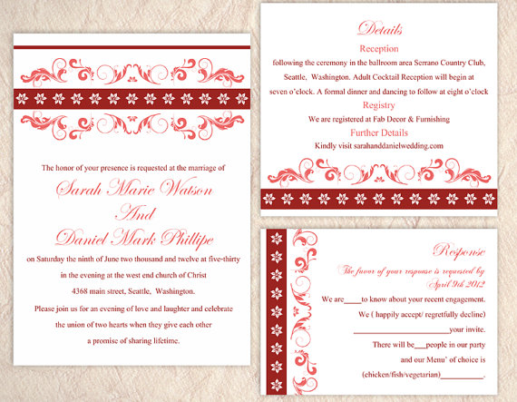 Hochzeit - DIY Wedding Invitation Template Set Editable Word File Instant Download Printable Invitation Floral Wedding Invitation Red Invitations