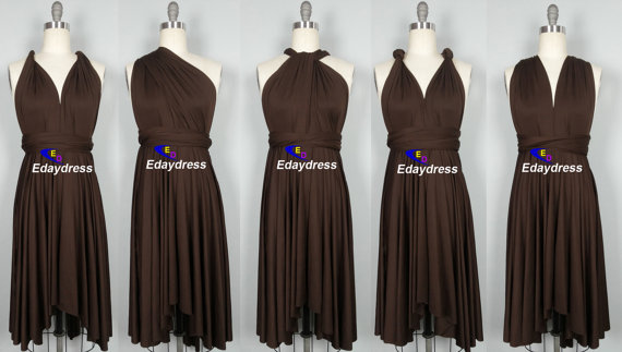 Hochzeit - Butterfly Hem Asymmetrical Bridesmaid Wrap Dress Coffee Chocolate Infinity Dress Knee Length Wrap Dress