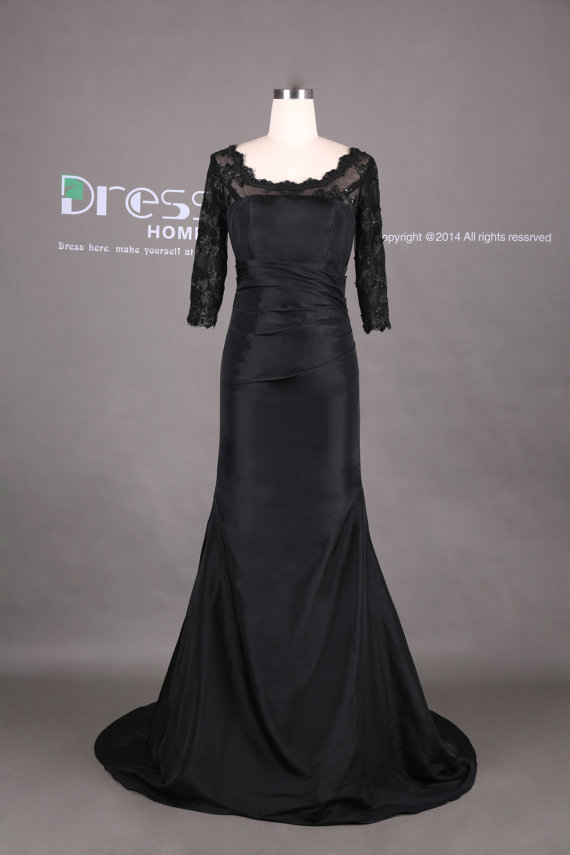 Wedding - Black Half Sleeves Lace Mermaid Prom Dress/Mermaid Party Dress/Sexy Black Lace Evening Gown/Mother of the Brides Dress with Sleeves DH325