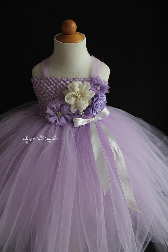 زفاف - Violet and Ivory Flower Girl Dress Light Purple Tutu Dress Tulle Dress Wedding Dress Party Dress Birthday Dress