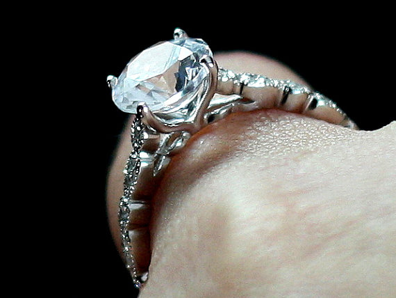 زفاف - White Sapphire Engagement Ring Aeolus Diamond Eternity Bezel Leaf Custom White-Yellow-Rose Gold-10k-14k-18k-Platinum