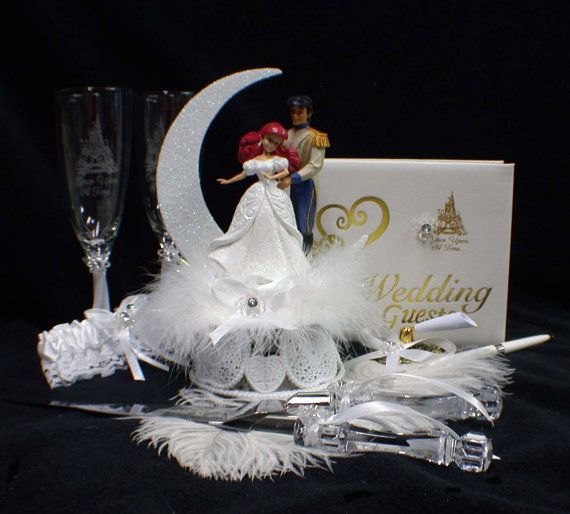 زفاف - Disney Little MERMAID Wedding Cake Topper lot Glasses, knife, server, guest book, pen, holder, garter