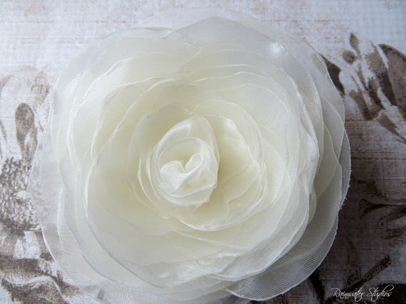 زفاف - Wedding Hair Flower, Ivory Shimmery Organza Double Rose Hair Flower, Bridal Accessory