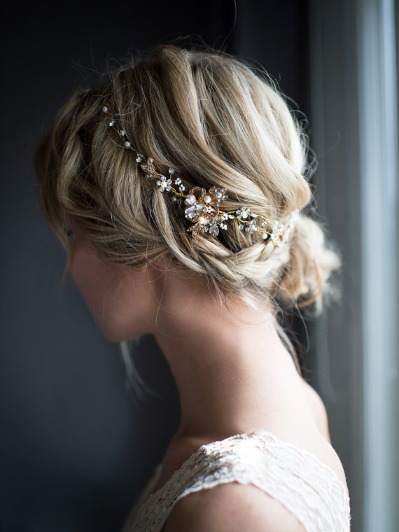 Hochzeit - Flower Crown Boho Gold Hair Vine, Halo Hair Wrap, Gold Hair Wreath, Forehead band, Gold Wedding Hair Vine, Boho Wedding Headpiece - 'EVE'