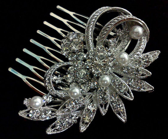 زفاف - Floral Bridal Hair Comb, Flower Headpiece, Silver or Gold, Swarovski Crystal Pearl Hair Jewelry, SORAYA
