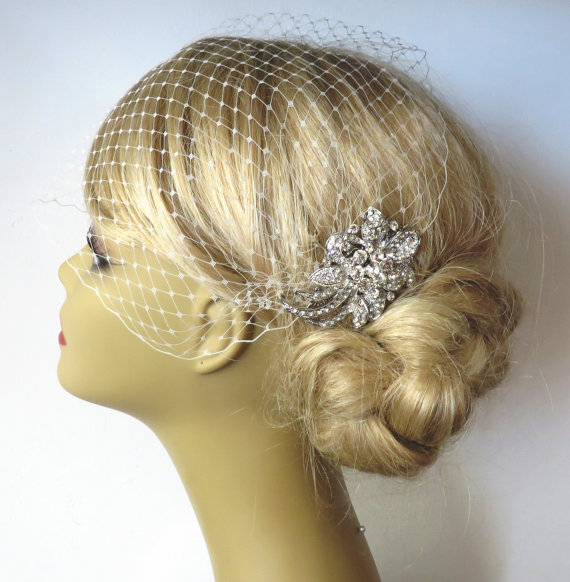 Wedding - Bridal Veil and Bridal Comb -(2 Items) - Bridal Headpiece,Rhinestone Bridal Comb, Weddings,Blusher Bird Cage Veil