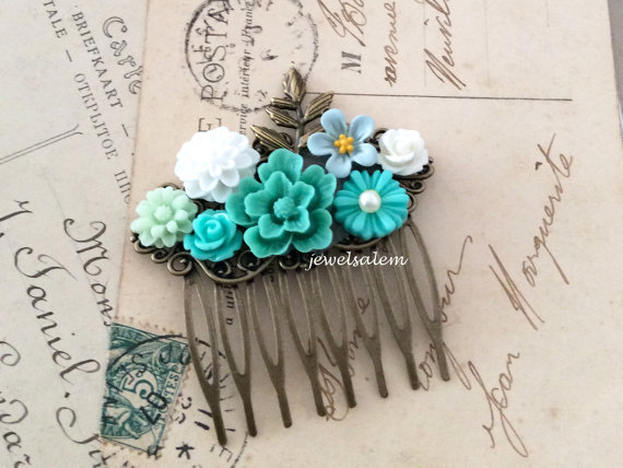 Wedding - Teal Wedding Hair Comb Turquoise Bridal Hair Piece Aqua Blue Mint White Floral Leaf Flower Comb Bridesmaid Gift Maid of Honor Woodland WR