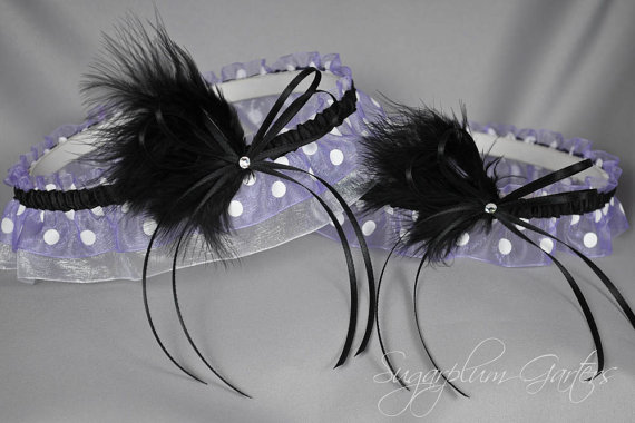Wedding - Wedding Garter Set in Lavender Polka Dot and Black with Swarovski Crystals and Marabou Feathers