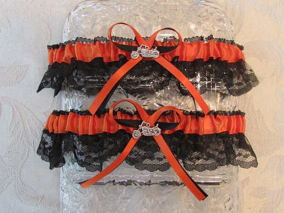 Hochzeit - Orange Black Harley Motorcycle Garter Set wedding Bridal Keep And Toss