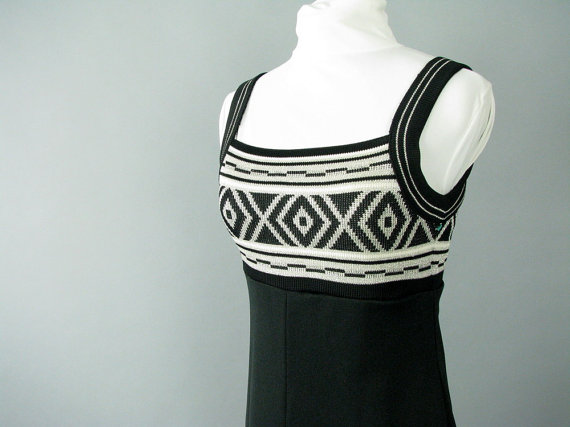 زفاف - Vintage 1970's Geometric Black and Silver Prom Party Dress, Modern Size 2, Extra Small
