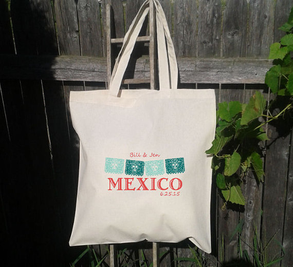 Hochzeit - 11 Tote Bags Custom Printed Tote - Wedding Totes - Mexico Wedding, Mexican Flags