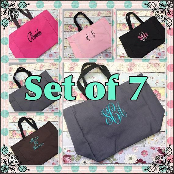 Mariage - Set of 7 bridesmaid tote bags , bridesmaid gifts , tote bag , beach bag , bachelorette party gift ,wedding bag , maid of honor , flowergirl