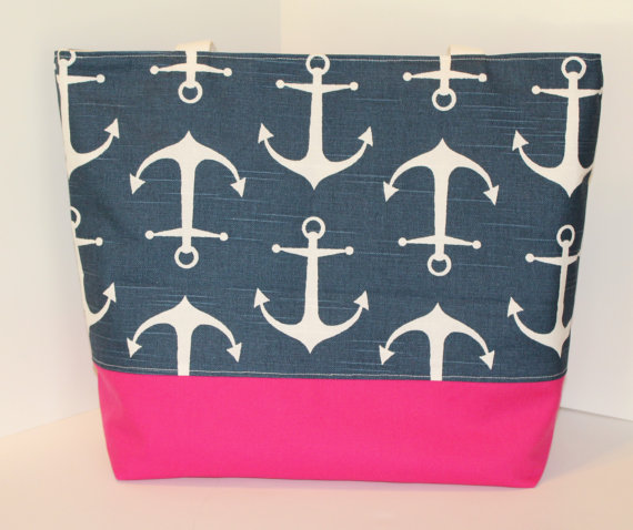 Свадьба - Large ANCHOR Beach Bag . Navy and Hot Pink or Design Your Own nautical beach tote . great bridesmaid gifts MONOGRAMMING Available