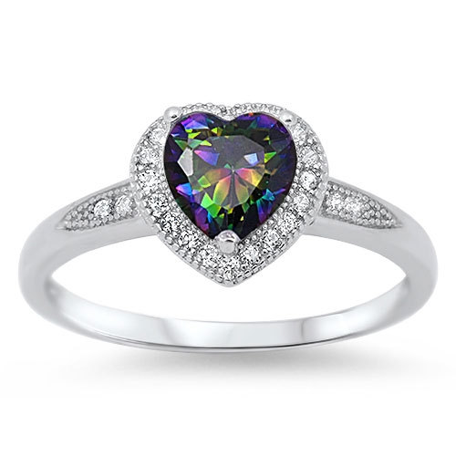 زفاف - 925 Sterling Silver Halo Heart Promise Ring 1.20 Carat Mystic Rainbow Topaz Heart Pave Russian Diamond CZ  Valentines Gift