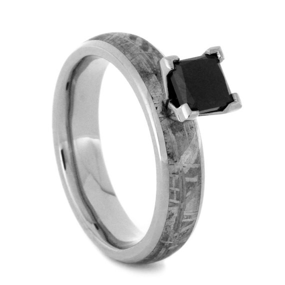 Wedding - Meteorite Ring, Princess Cut Black Diamond Ring, Palladium Alternative Engagement Ring