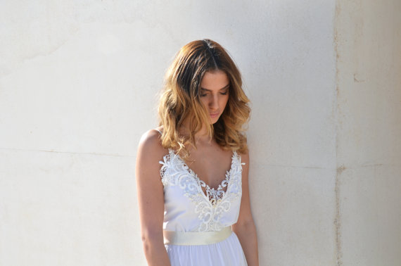 زفاف - Maxi wedding Gown deep  V neck  with embroidery & beads