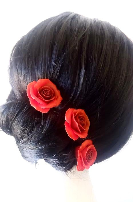 Wedding - Red roses large rose, Wedding Hair Accessories, Bohemian Wedding Hairstyles Hair Flower - Set of